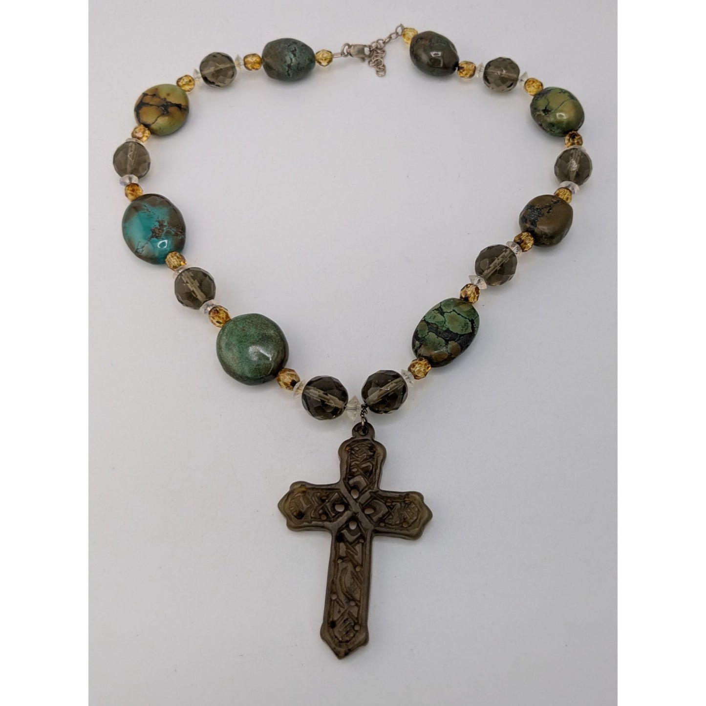Vintage Handmade Cross Pendant Necklace Green Stone Beaded Sterling Silver Clasp Boho Statement