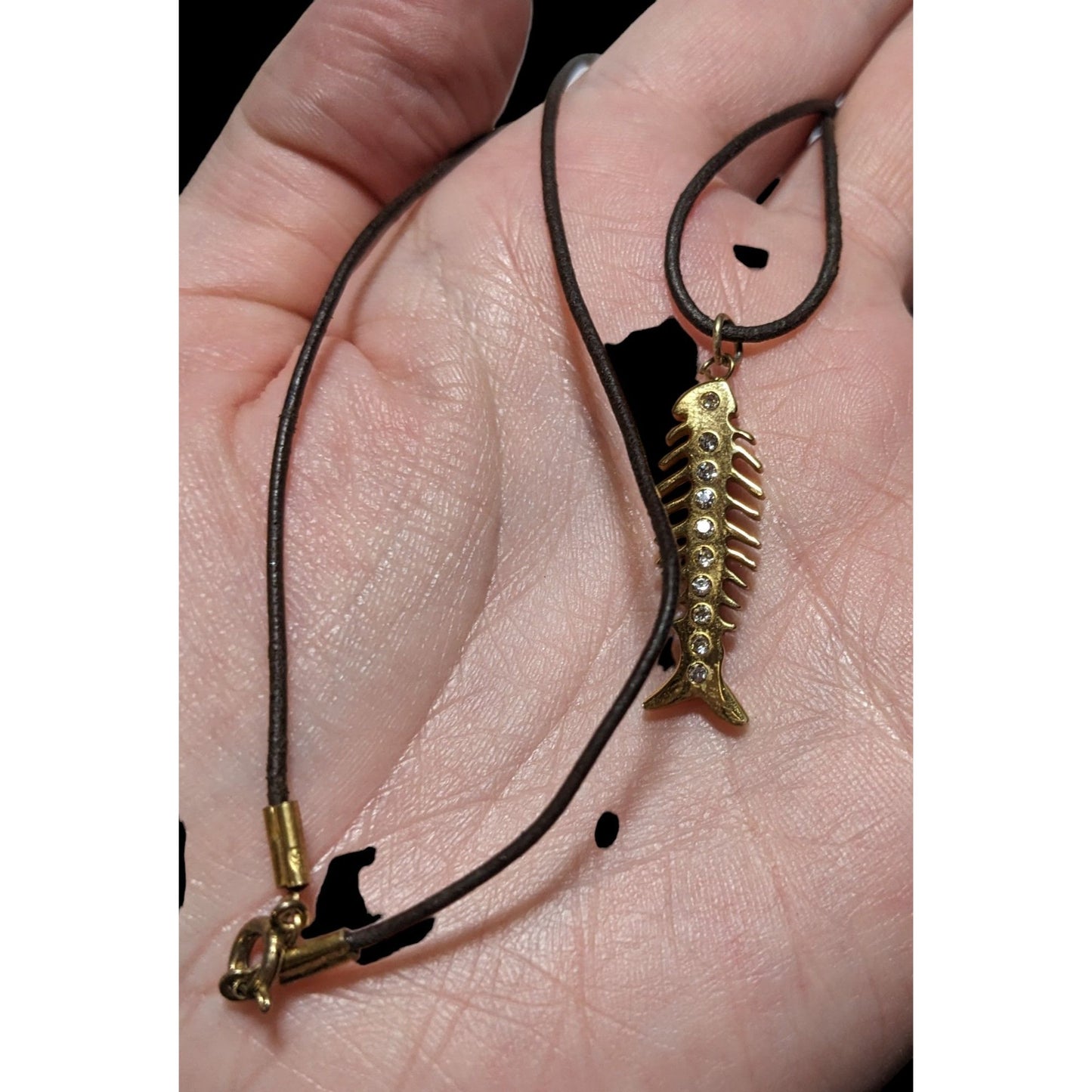 Glam Goth Fishbone Gold Sterling Pendant Necklace