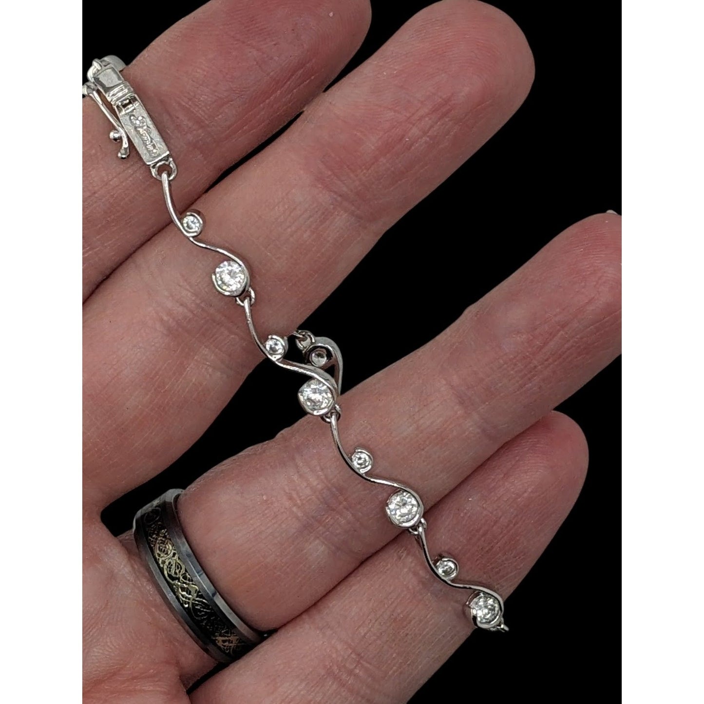 Vintage Whimsical Signed Sterling Silver & Cubic Zirconia Bracelet