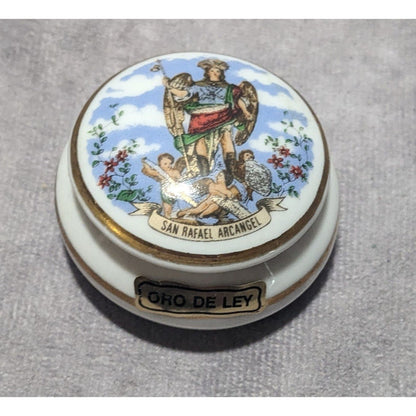 Vintage San Rafael Archangel Oro De Ley Souvenir Trinket Box