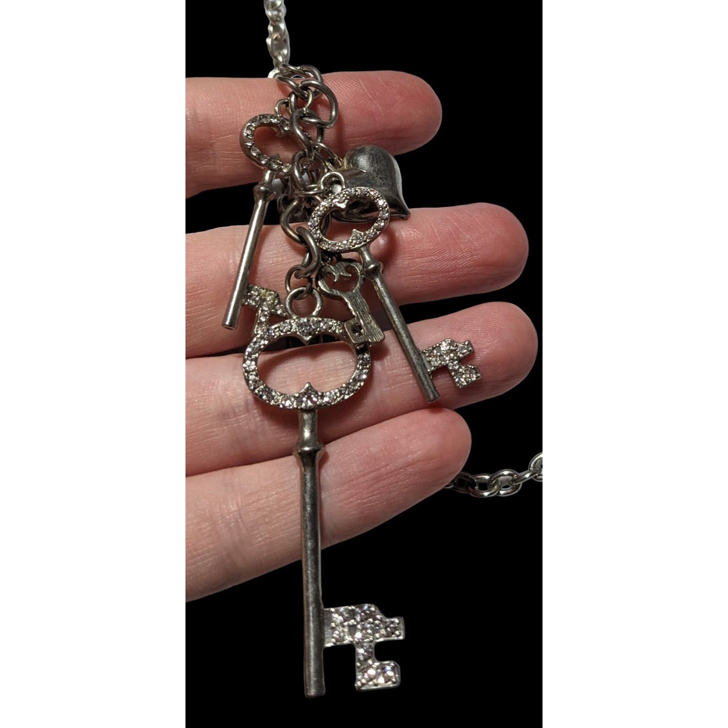 Silver Rhinestone Key Charm Cluster Necklace