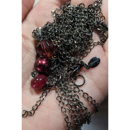 Bonnie J Red Gemmed Multi-Chain Silver Tone Tassel Necklace
