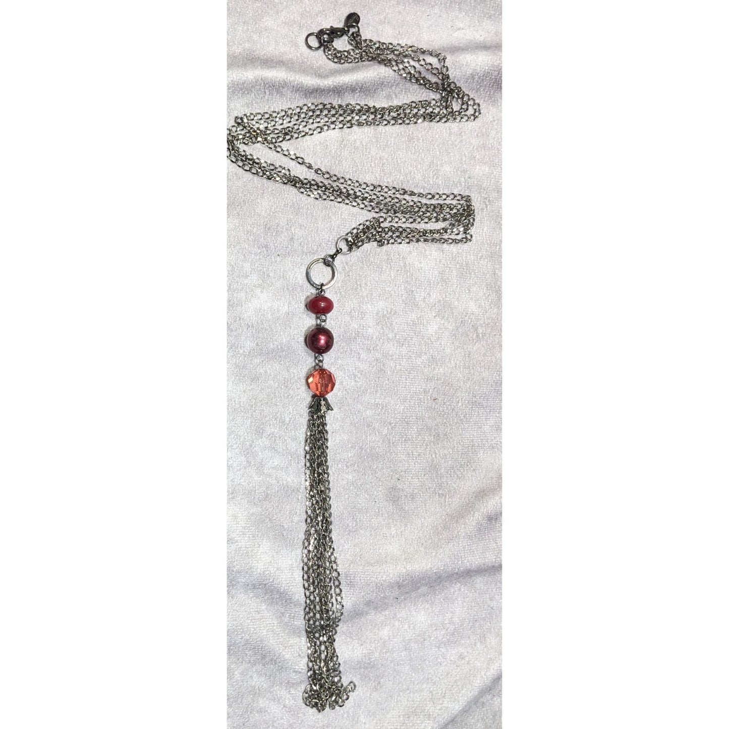 Bonnie J Red Gemmed Multi-Chain Silver Tone Tassel Necklace