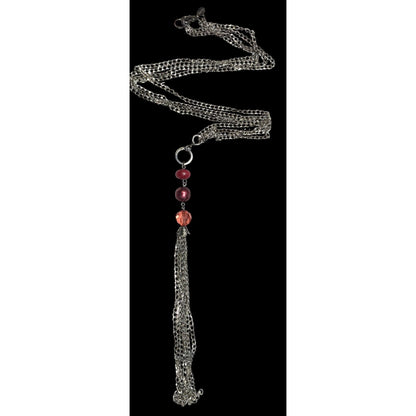 Bonnie J Red Gemmed Multi-Chain Silver Tone Tassel Necklace