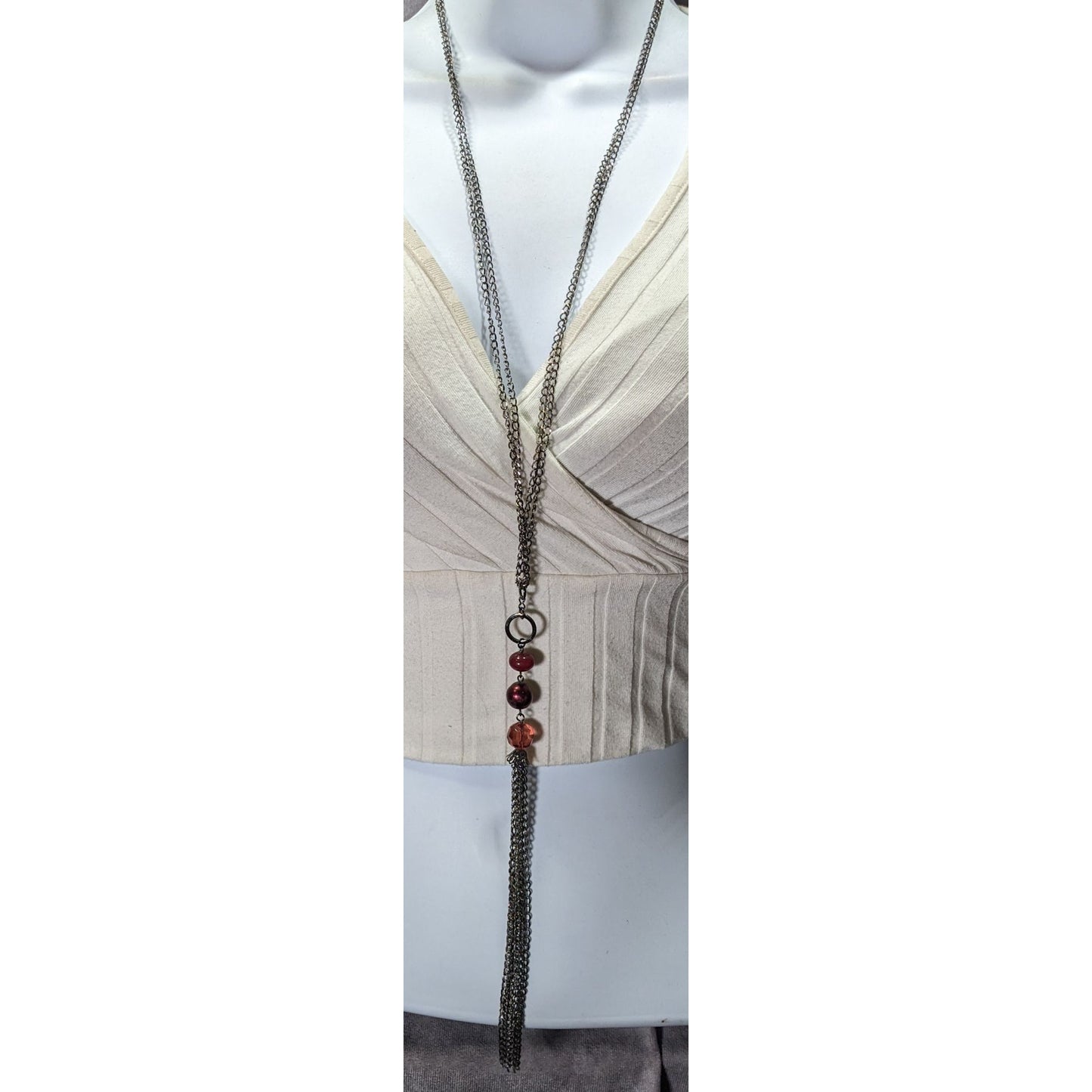 Bonnie J Red Gemmed Multi-Chain Silver Tone Tassel Necklace