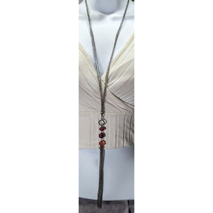 Bonnie J Red Gemmed Multi-Chain Silver Tone Tassel Necklace