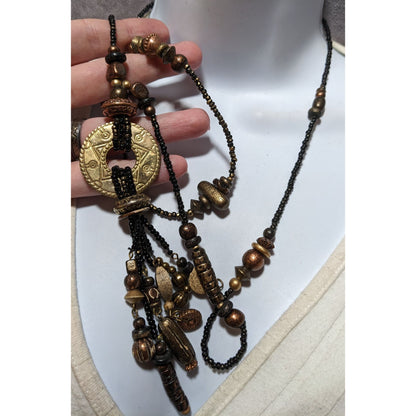 Vintage Southwestern Black And Gold Beaded Tassel Necklace