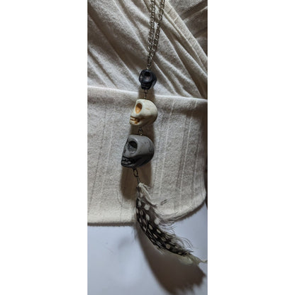 Triple Skull Beaded Feather Pendant Necklace