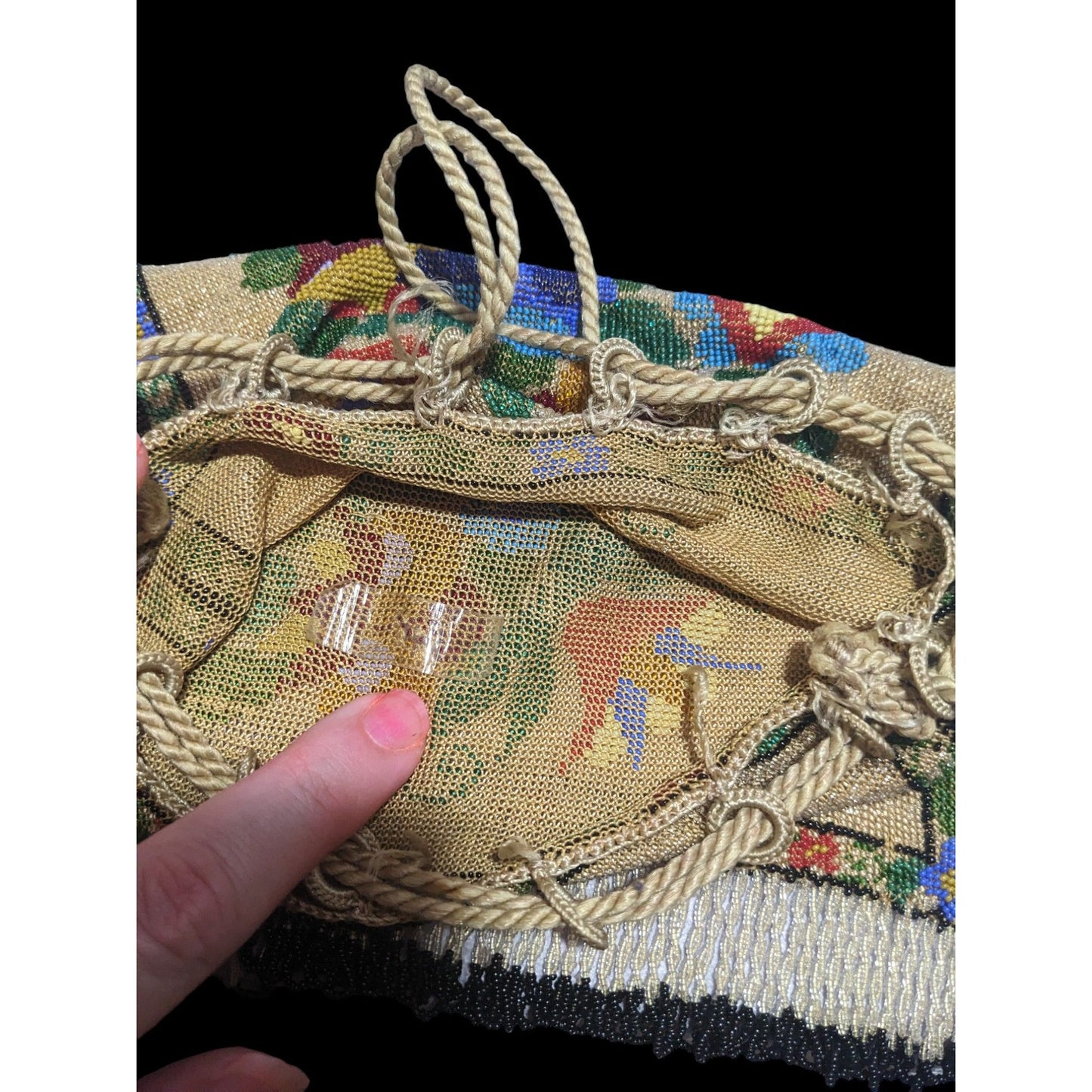 Antique Victorian Beaded Drawstring Floral Reticule