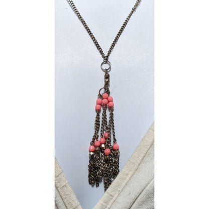 Pink And Silver Beaded Chain Tassel Necklace