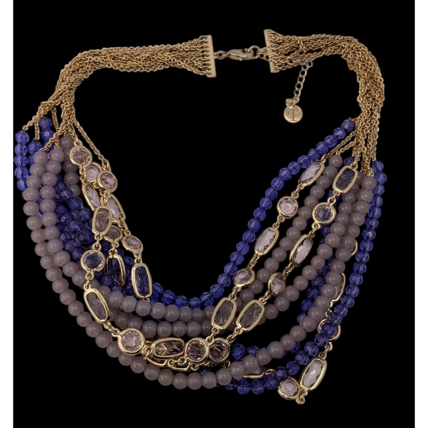 Multi-Strand Purple & Gold Beaded Statement Necklace 16" With 2" Extender Lobster Clasp Talbots Design