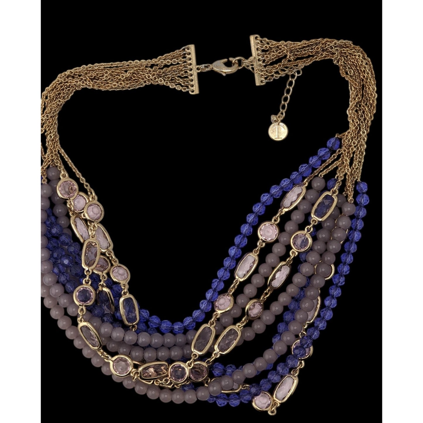 Multi-Strand Purple & Gold Beaded Statement Necklace 16" With 2" Extender Lobster Clasp Talbots Design