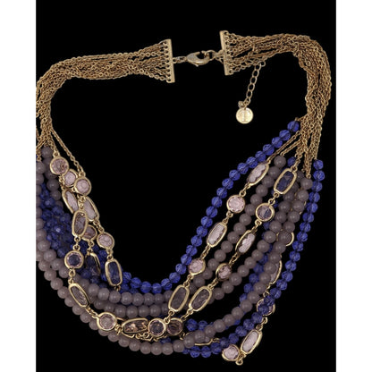 Multi-Strand Purple & Gold Beaded Statement Necklace 16" With 2" Extender Lobster Clasp Talbots Design