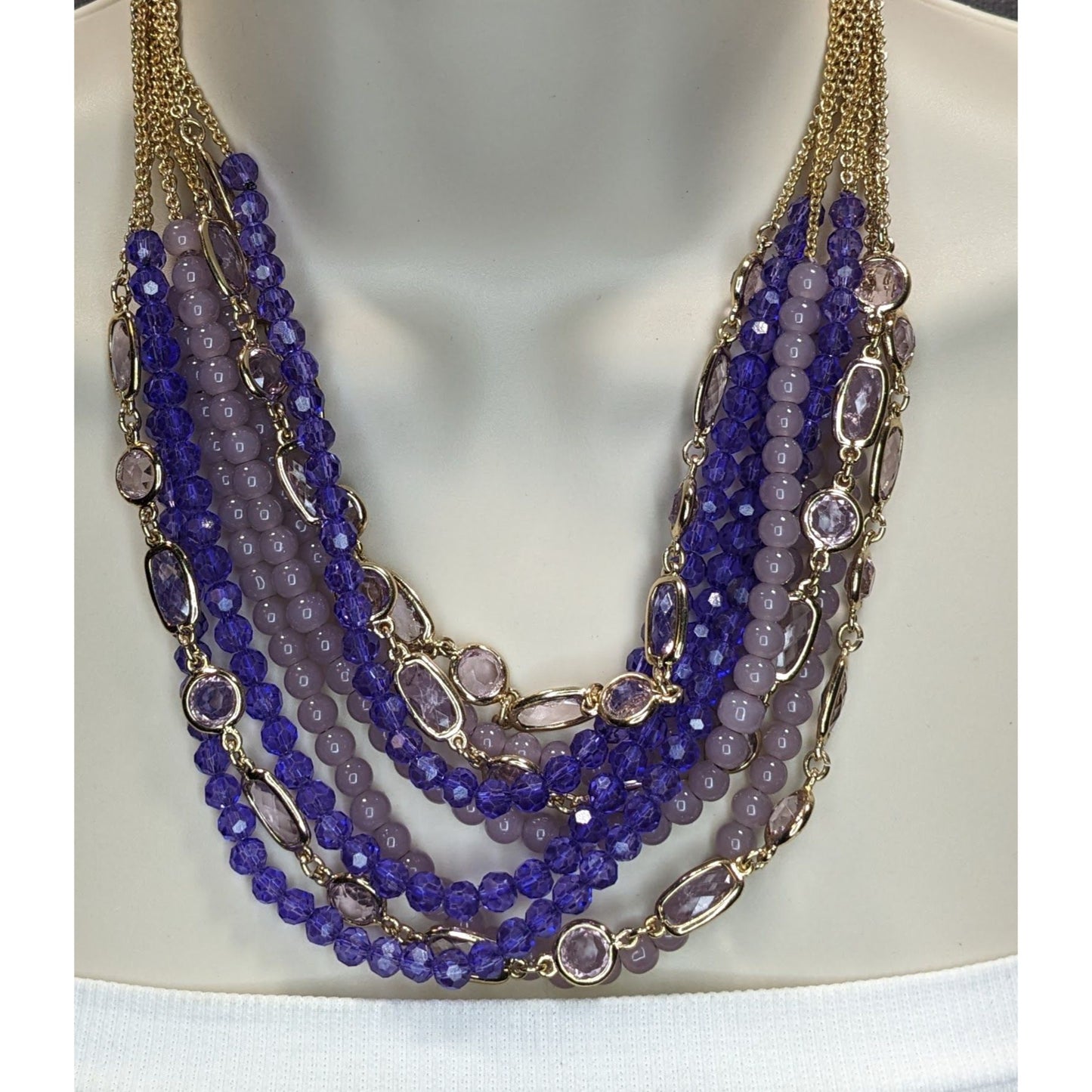Multi-Strand Purple & Gold Beaded Statement Necklace 16" With 2" Extender Lobster Clasp Talbots Design