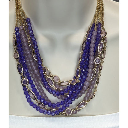Multi-Strand Purple & Gold Beaded Statement Necklace 16" With 2" Extender Lobster Clasp Talbots Design