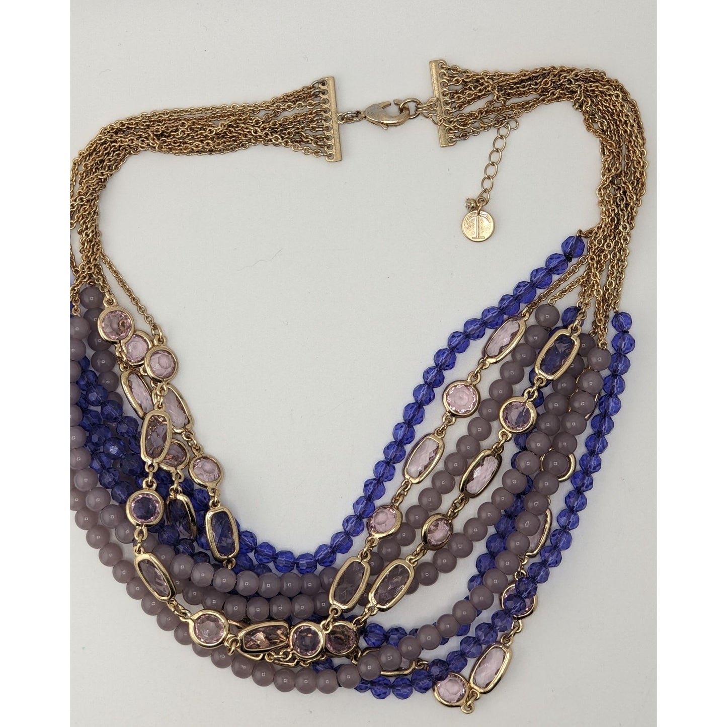 Multi-Strand Purple & Gold Beaded Statement Necklace 16" With 2" Extender Lobster Clasp Talbots Design