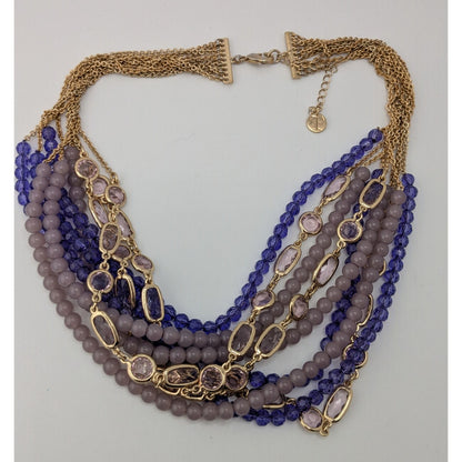 Multi-Strand Purple & Gold Beaded Statement Necklace 16" With 2" Extender Lobster Clasp Talbots Design