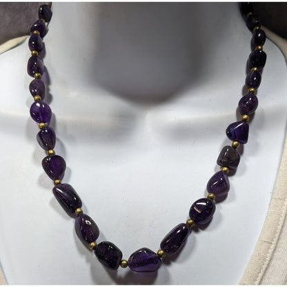 Vintage Artisan Amethyst Gemstone Necklace With Brass Spacers