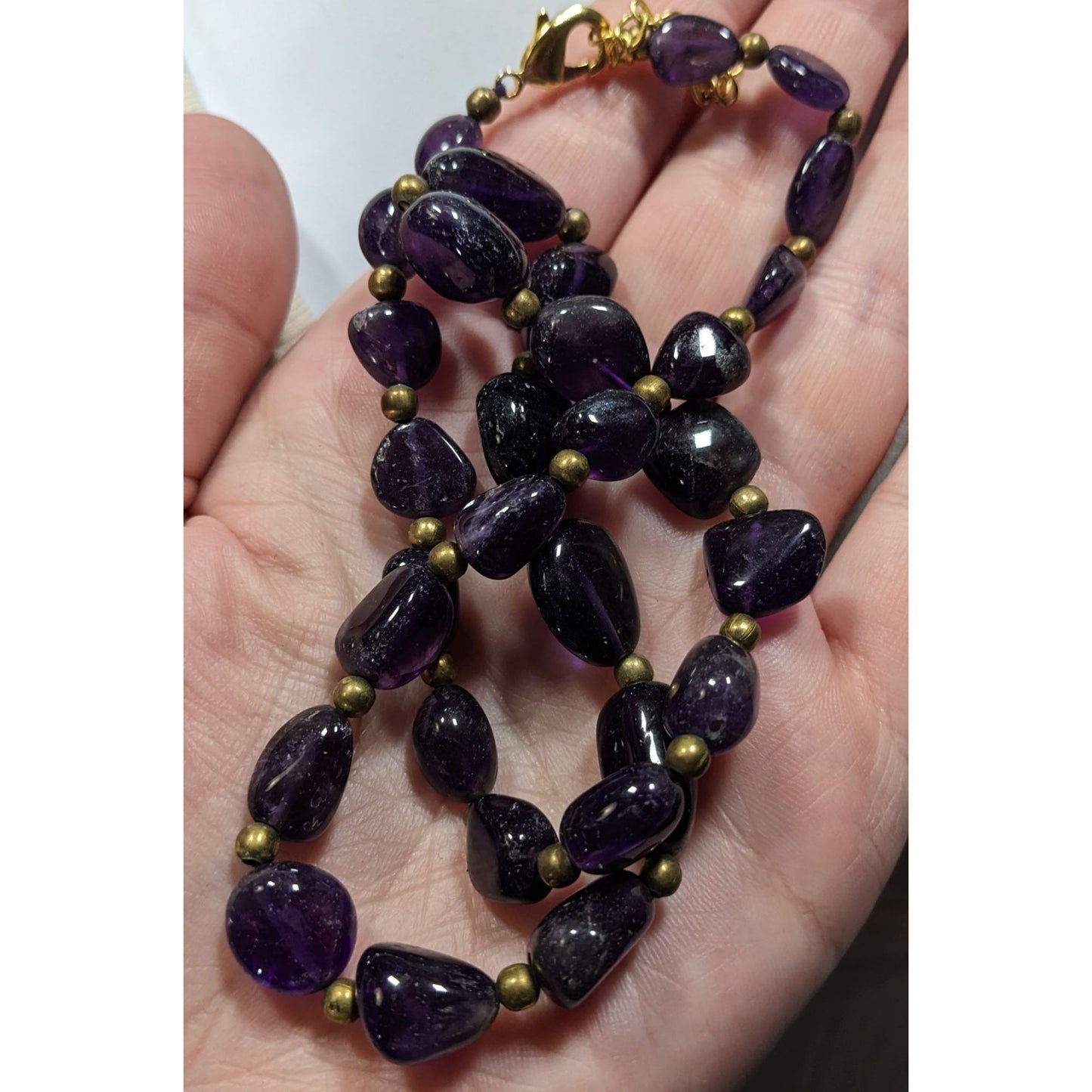 Vintage Artisan Amethyst Gemstone Necklace With Brass Spacers