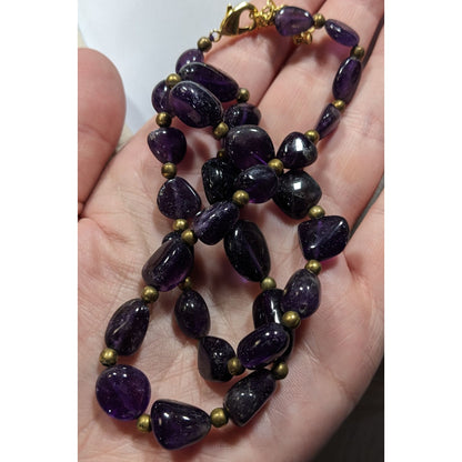 Vintage Artisan Amethyst Gemstone Necklace With Brass Spacers