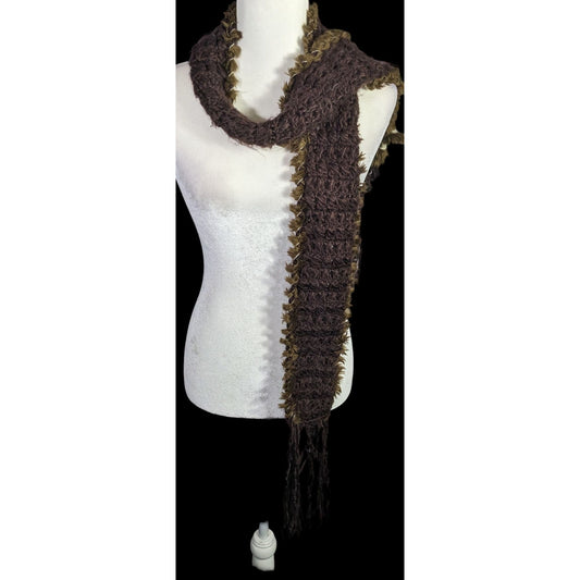 Sporty O'Neill Brown Knit Scarf With Fringe & Faux Fur Trim