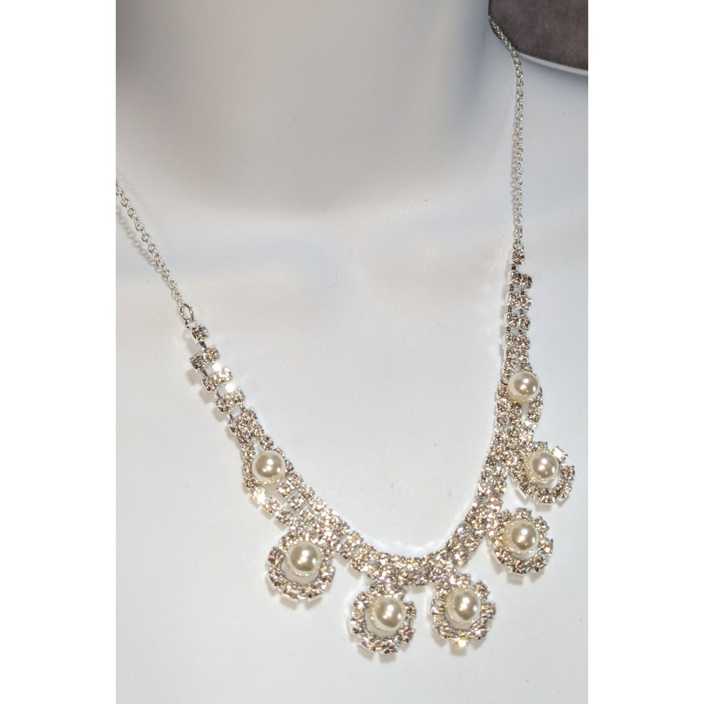 Coquette Old Money Bridal Pearl Rhinestone Statement Bib Necklace Silver Tone