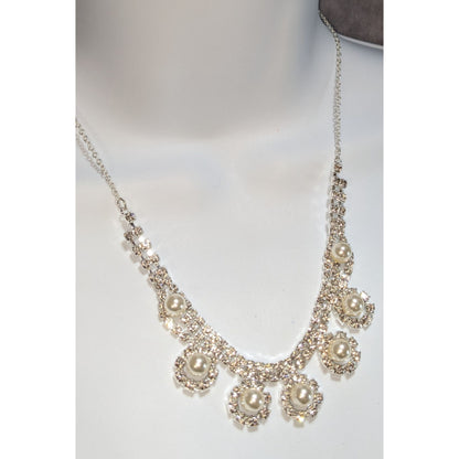 Coquette Old Money Bridal Pearl Rhinestone Statement Bib Necklace Silver Tone