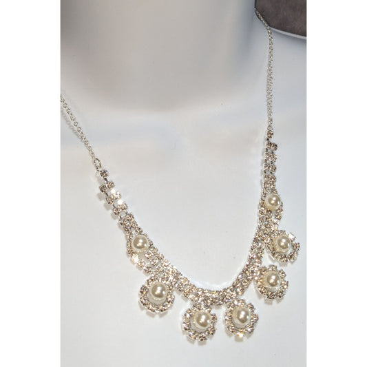 Coquette Old Money Bridal Pearl Rhinestone Statement Bib Necklace Silver Tone