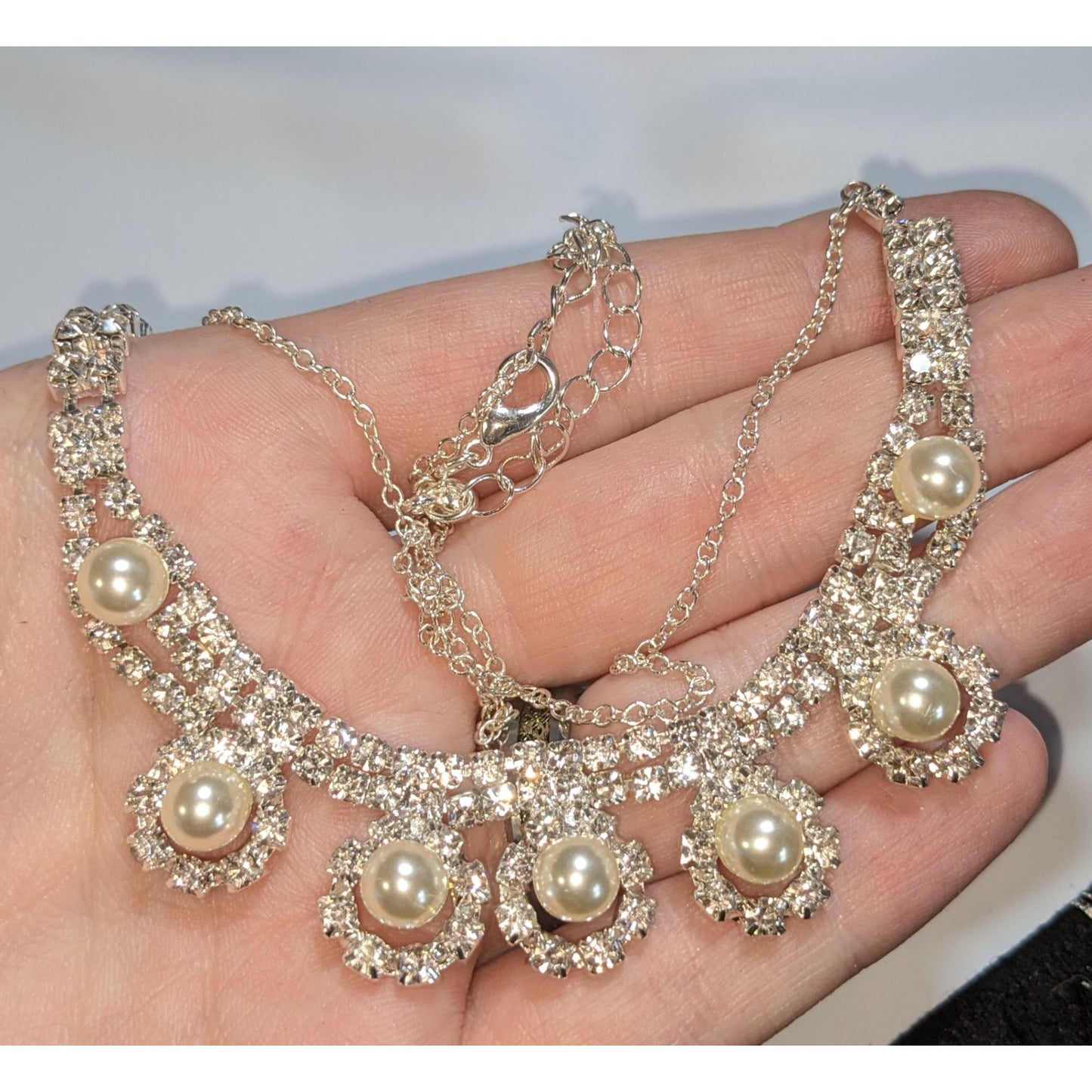 Coquette Old Money Bridal Pearl Rhinestone Statement Bib Necklace Silver Tone