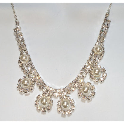 Coquette Old Money Bridal Pearl Rhinestone Statement Bib Necklace Silver Tone