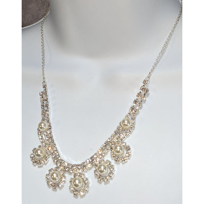 Coquette Old Money Bridal Pearl Rhinestone Statement Bib Necklace Silver Tone