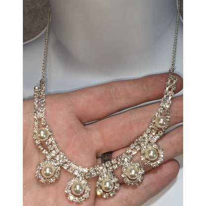 Coquette Old Money Bridal Pearl Rhinestone Statement Bib Necklace Silver Tone