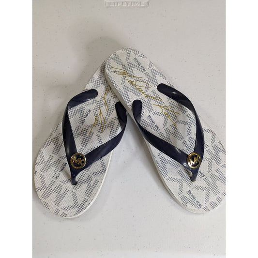Michael Kors Womens Navy & White Flip Flops Size 8 With Logo Accent Casual Summer Sandals