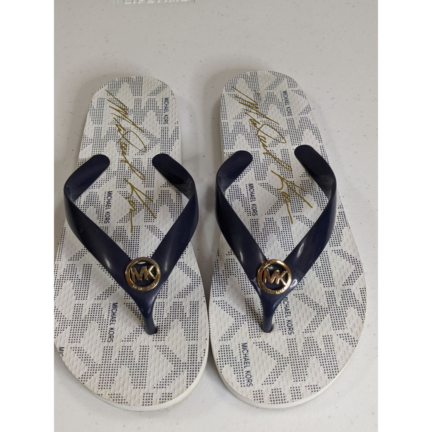 Michael Kors Womens Navy & White Flip Flops Size 8 With Logo Accent Casual Summer Sandals