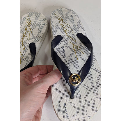 Michael Kors Womens Navy & White Flip Flops Size 8 With Logo Accent Casual Summer Sandals
