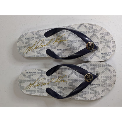 Michael Kors Womens Navy & White Flip Flops Size 8 With Logo Accent Casual Summer Sandals
