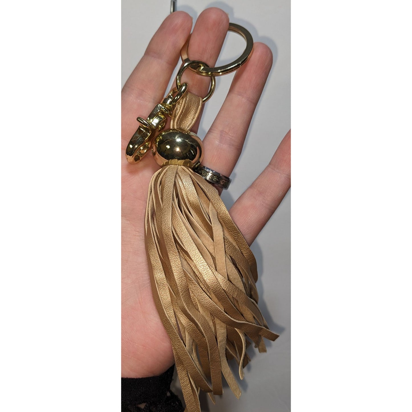 Gold & Tan Faux Leather Tassel Keychain With Clip & Ring 8.5 Inches Long