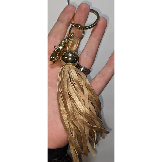 Gold & Tan Faux Leather Tassel Keychain With Clip & Ring 8.5 Inches Long