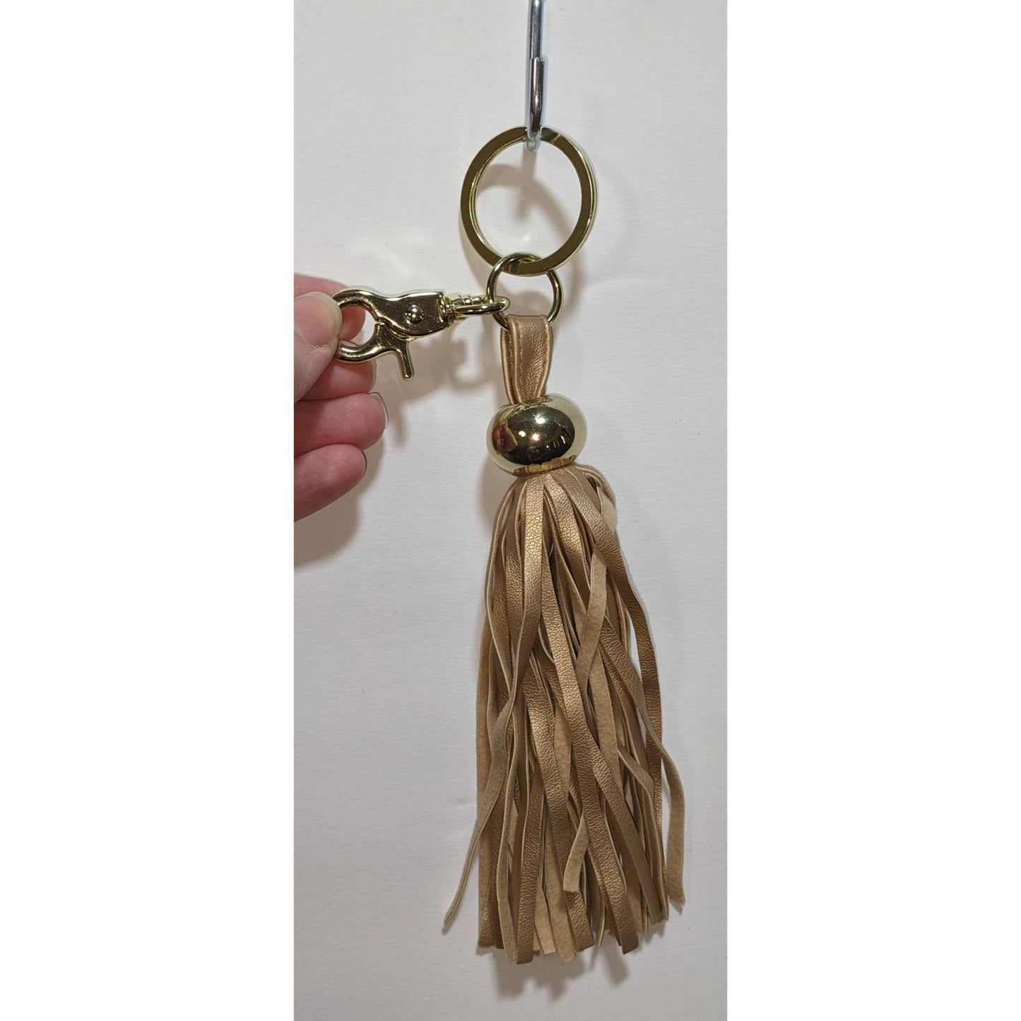Gold & Tan Faux Leather Tassel Keychain With Clip & Ring 8.5 Inches Long