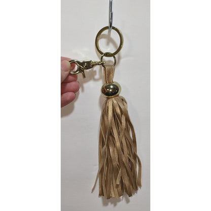 Gold & Tan Faux Leather Tassel Keychain With Clip & Ring 8.5 Inches Long