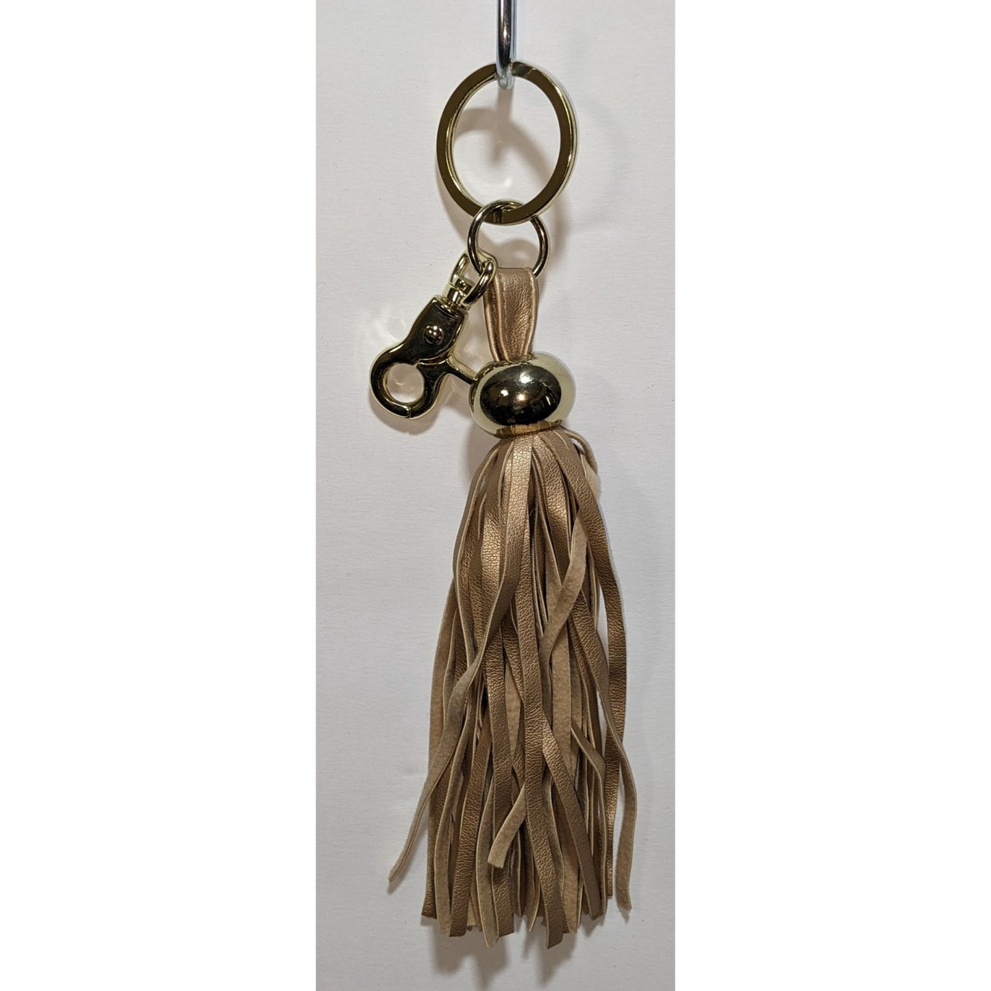 Gold & Tan Faux Leather Tassel Keychain With Clip & Ring 8.5 Inches Long