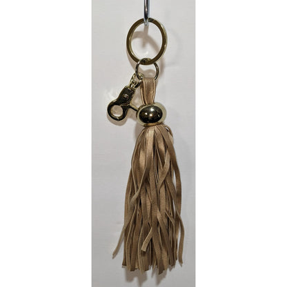 Gold & Tan Faux Leather Tassel Keychain With Clip & Ring 8.5 Inches Long