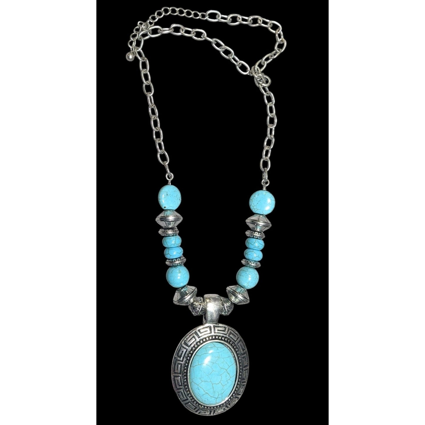 Bohemian Faux Turquoise Silver Tone Medallion Necklace