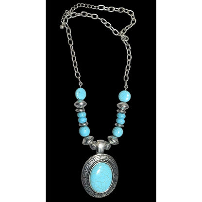 Bohemian Faux Turquoise Silver Tone Medallion Necklace