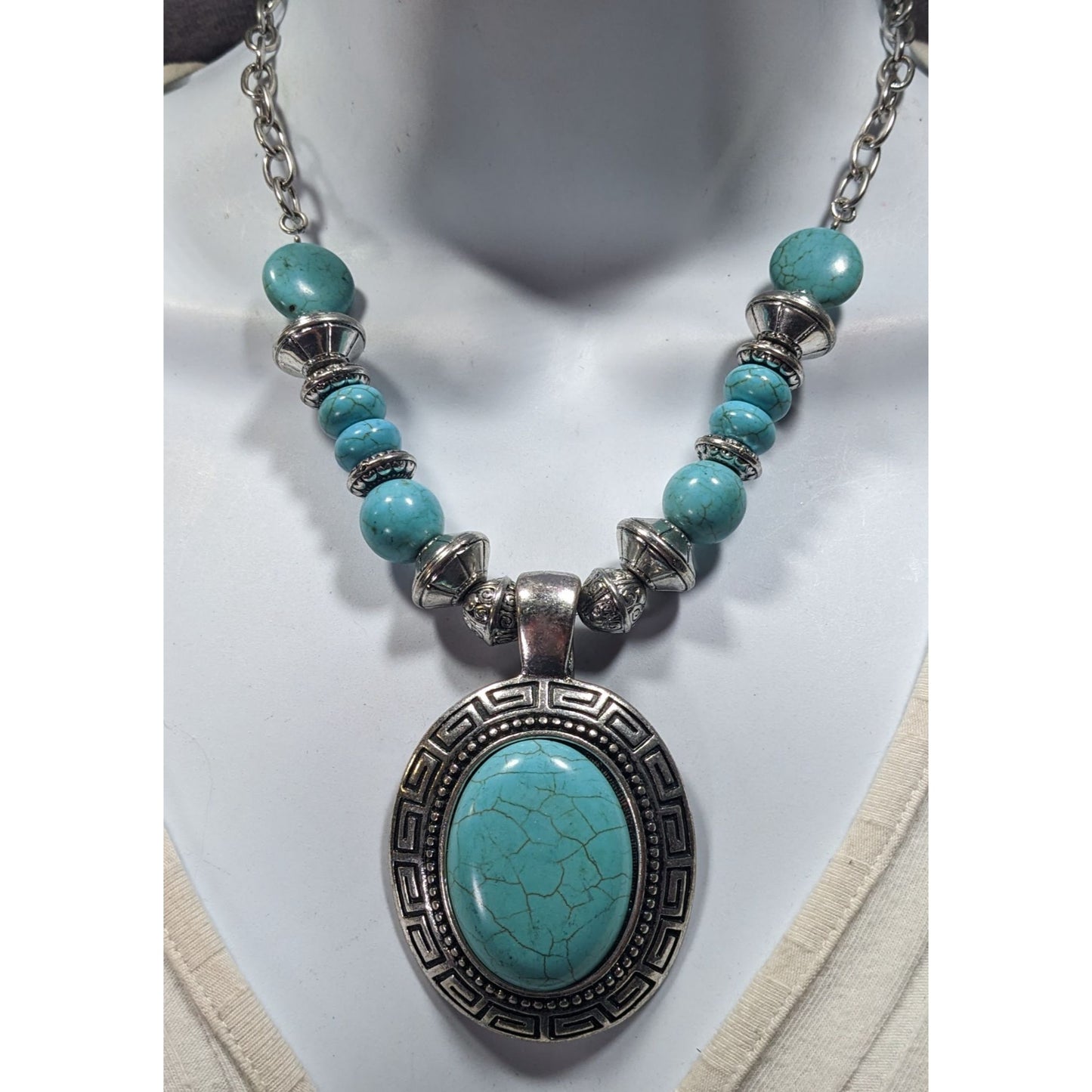 Bohemian Faux Turquoise Silver Tone Medallion Necklace