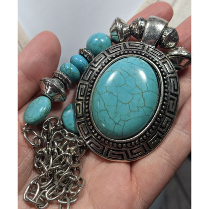 Bohemian Faux Turquoise Silver Tone Medallion Necklace