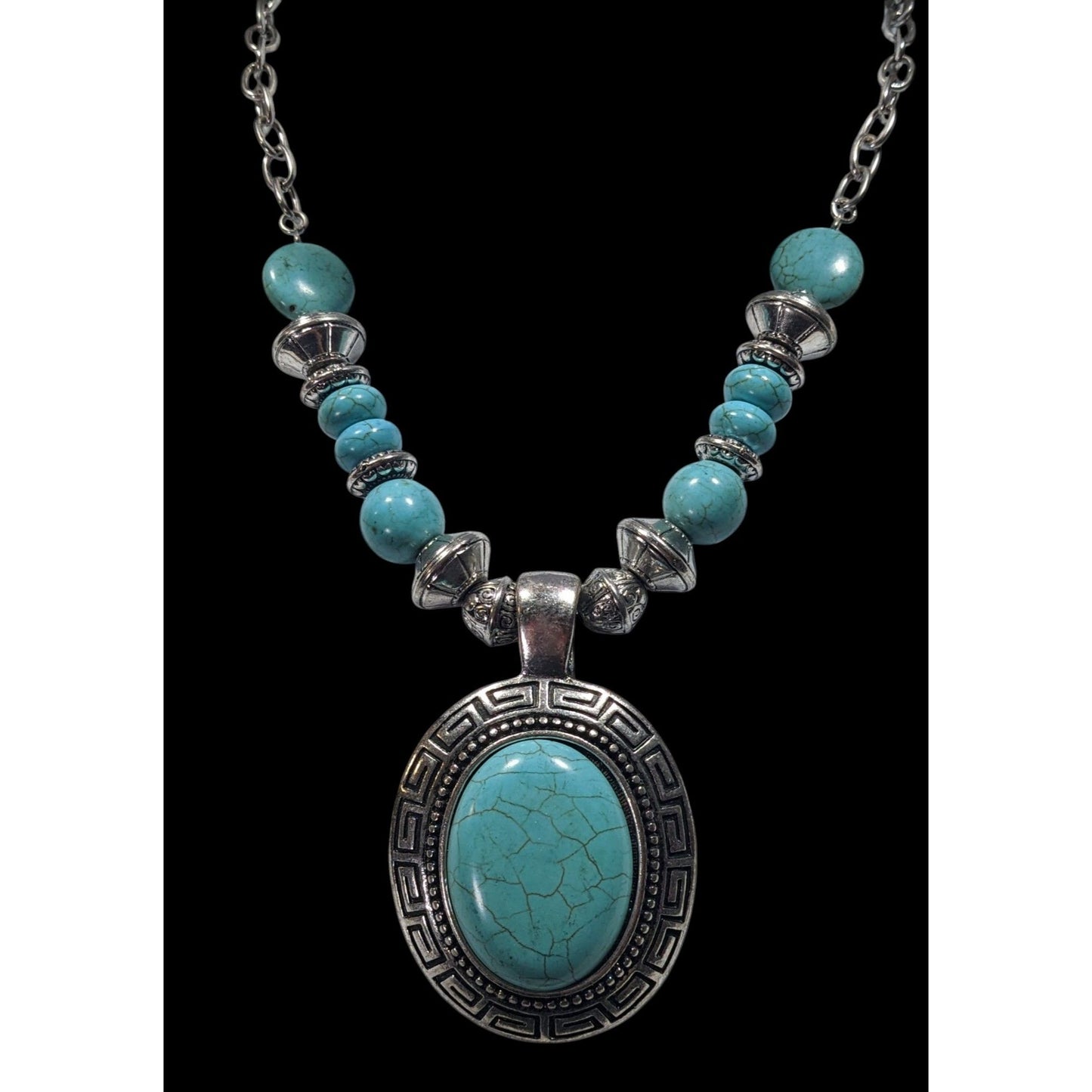 Bohemian Faux Turquoise Silver Tone Medallion Necklace