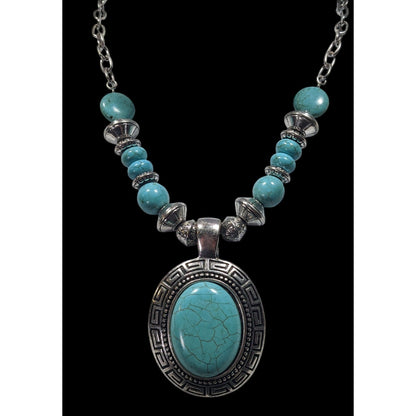 Bohemian Faux Turquoise Silver Tone Medallion Necklace