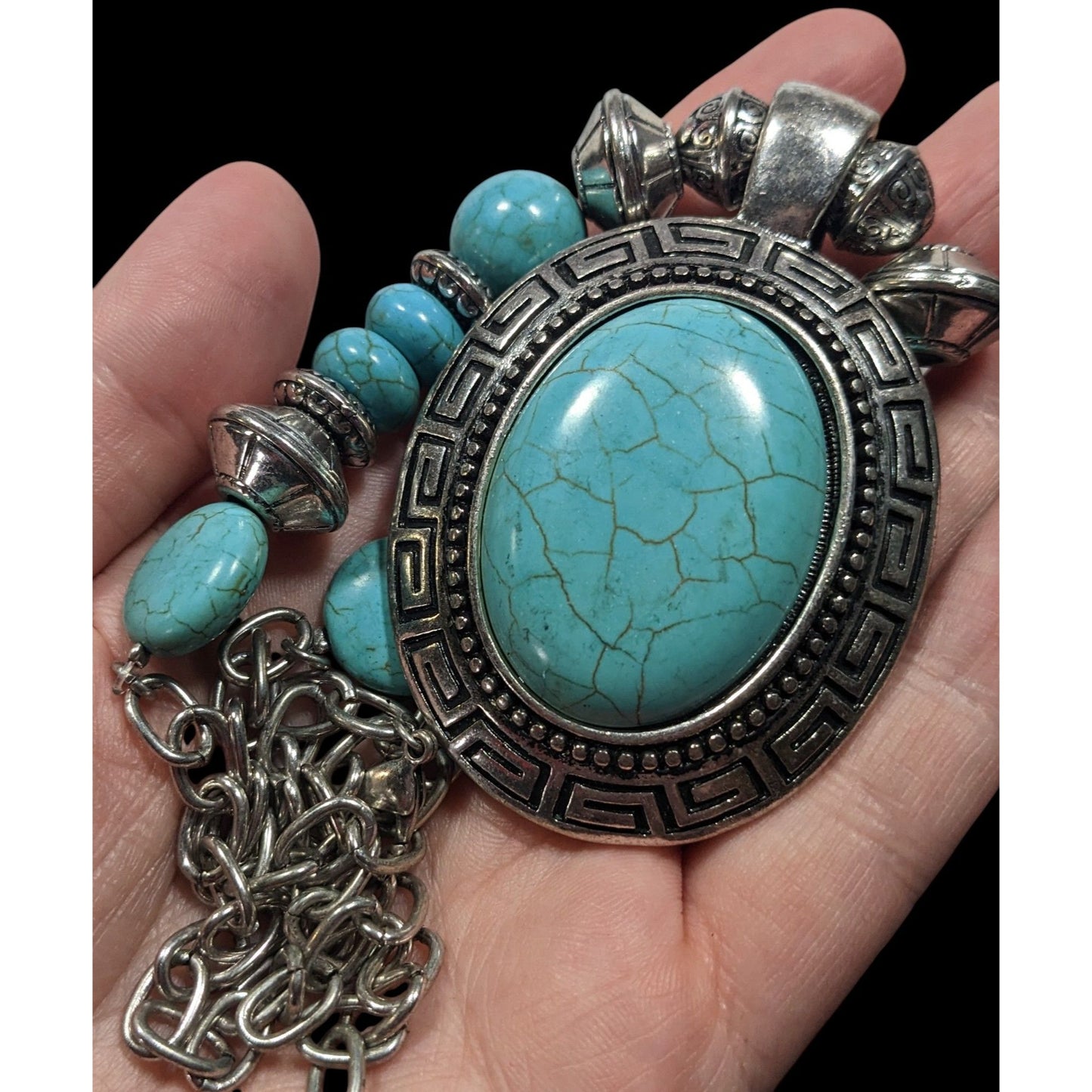 Bohemian Faux Turquoise Silver Tone Medallion Necklace