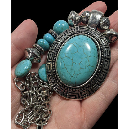 Bohemian Faux Turquoise Silver Tone Medallion Necklace